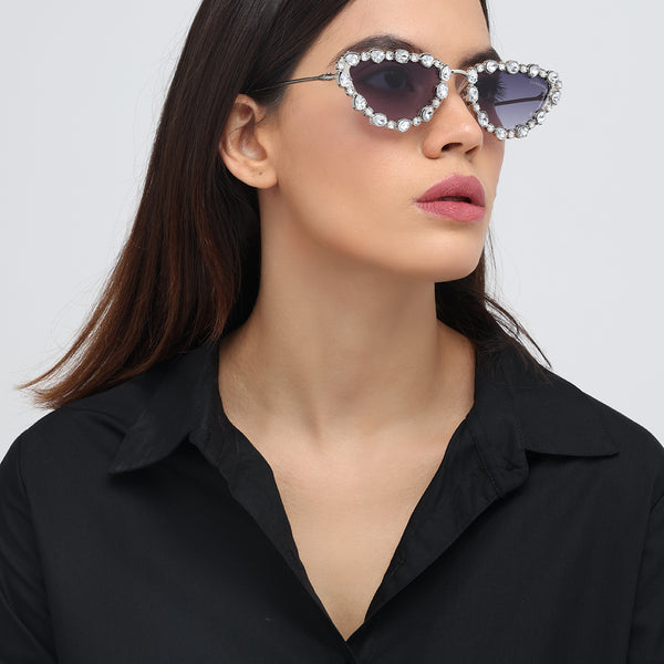 Diamond Kitty | Silver Fancy Cateye Sunglass