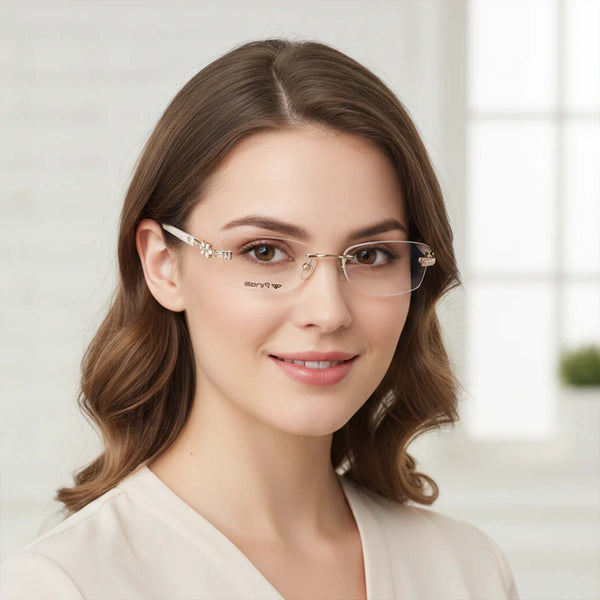 Cream Golden Flower Shaped Diamond Transparent Rimless Rectangle Eyewear | Pinelli Edition