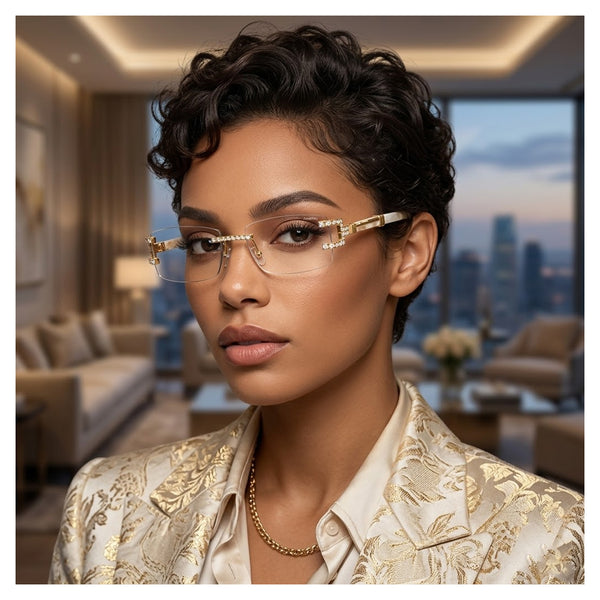 Syria | Golden Cream Diamond Transparent Rimless Rectangle Sunglass