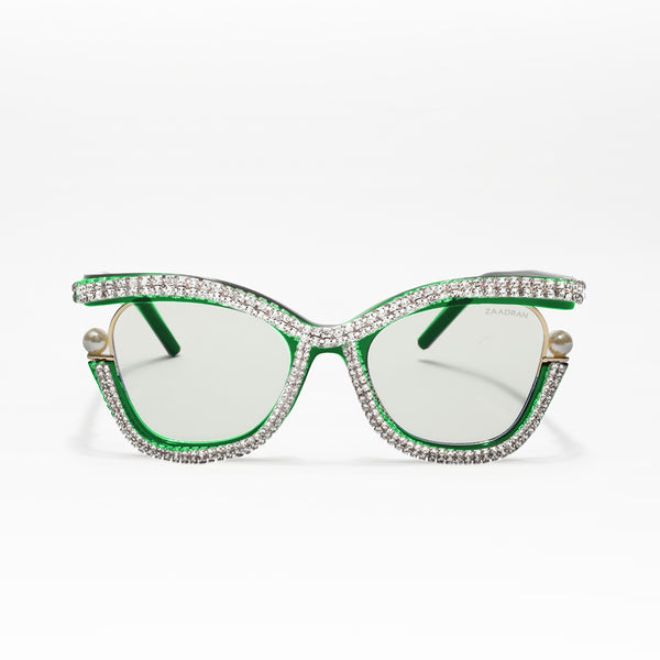 Diamond Cateyes | Green Fancy White Crystals Wayfarer Transparent Sunglass