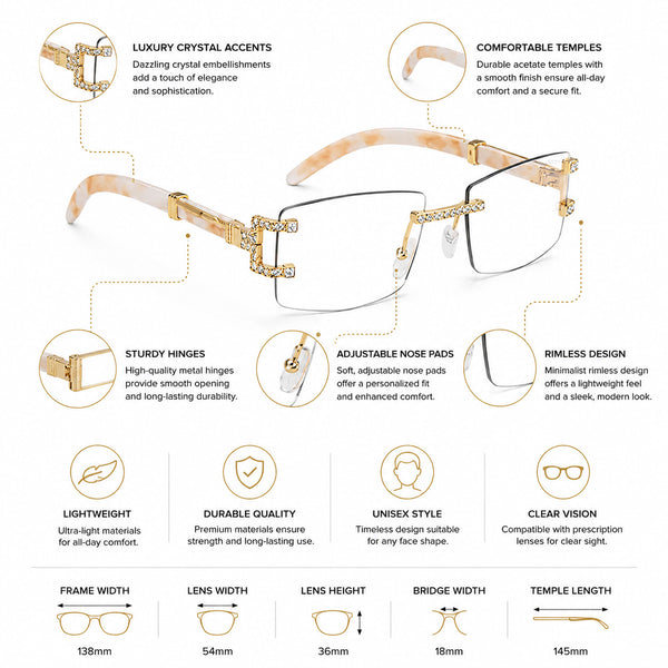 Syria | Golden Cream Diamond Transparent Rimless Rectangle Sunglass