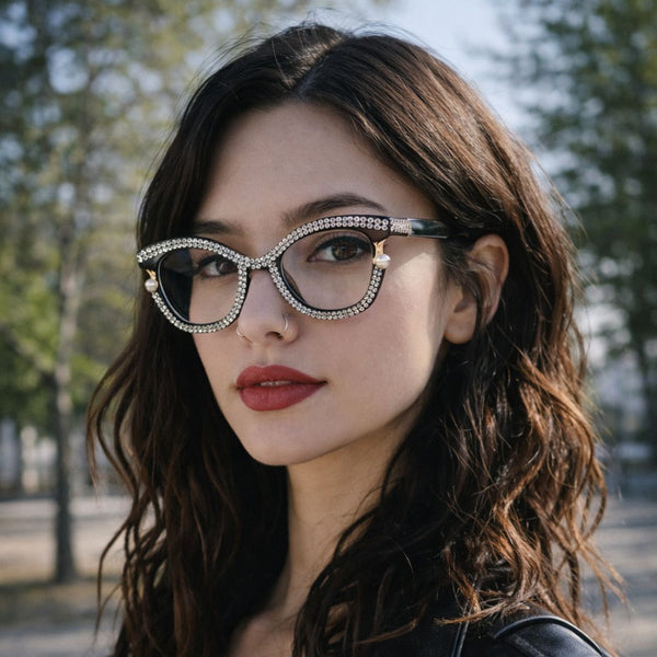 Diamond Cateyes | Black Fancy White Crystals Wayfarer Transparent Sunglass