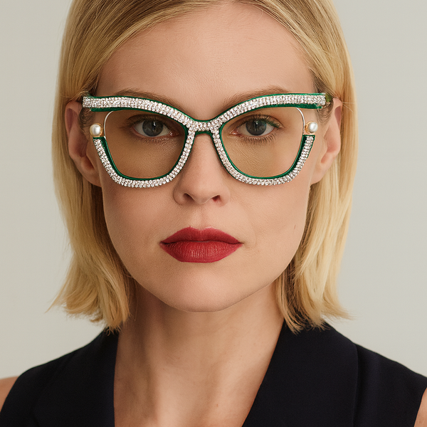 Diamond Cateyes | Green Fancy White Crystals Wayfarer Transparent Sunglass