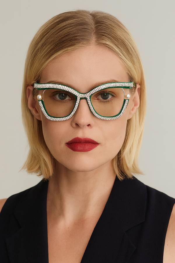Diamond Cateyes | Green Fancy White Crystals Wayfarer Transparent Sunglass