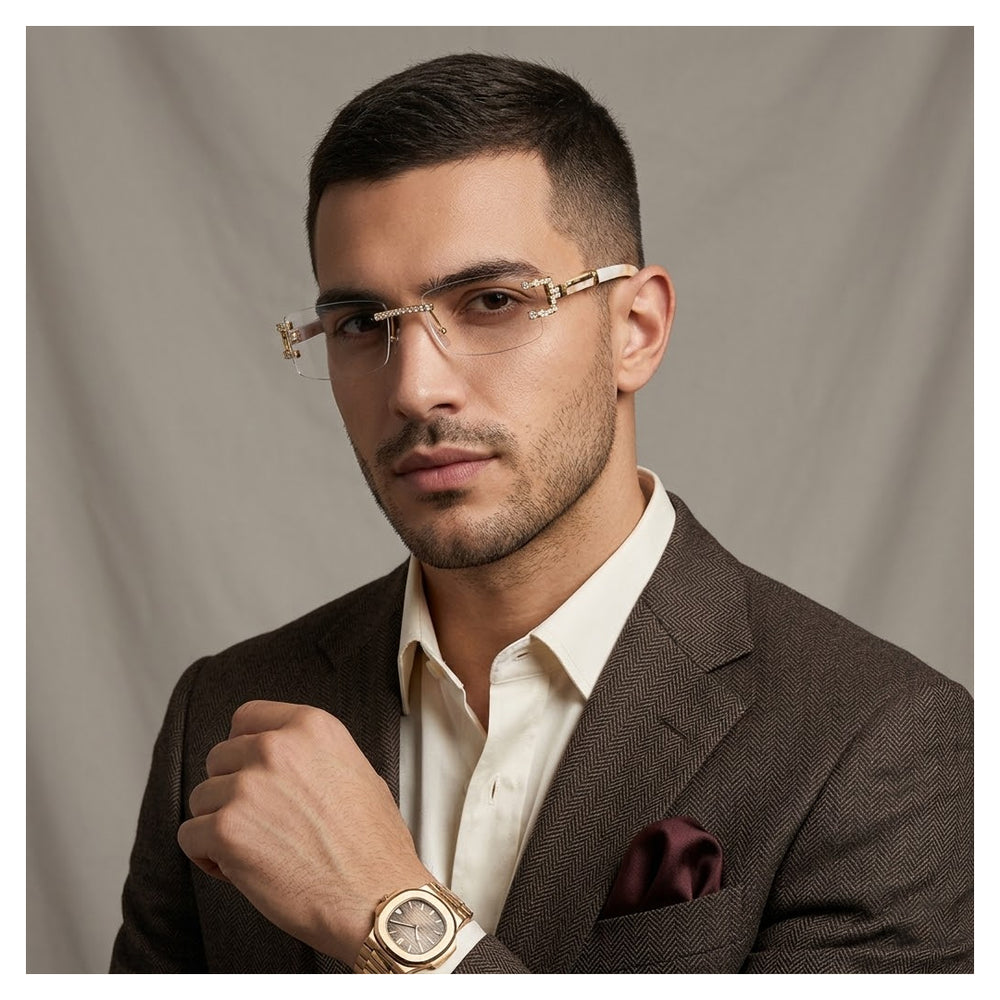 Syria | Golden Cream Diamond Transparent Rimless Rectangle Sunglass