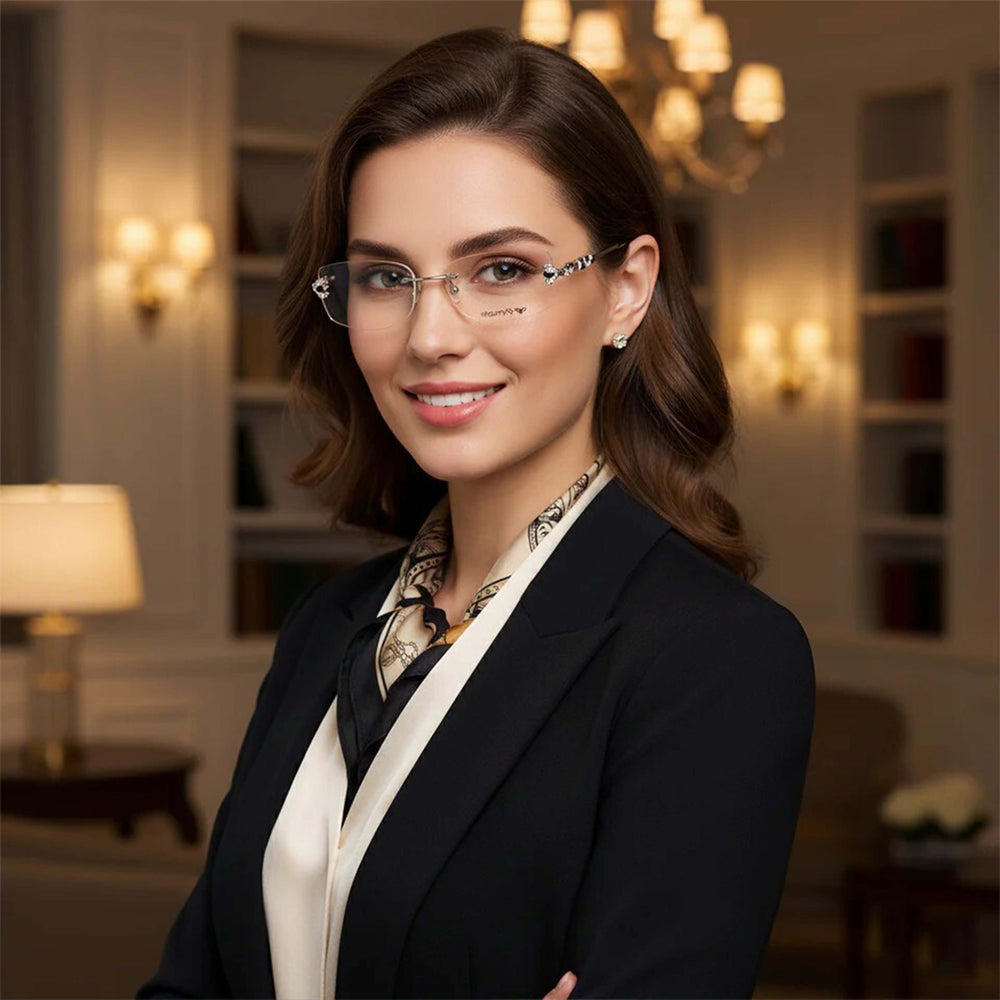 Black Silver Diamond Leaf Transparent Rimless Eyewear | Pinellii Edition