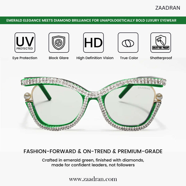 Diamond Cateyes | Green Fancy White Crystals Wayfarer Transparent Sunglass