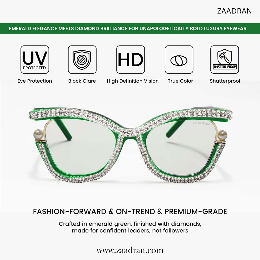 Diamond Cateyes | Green Fancy White Crystals Wayfarer Transparent Sunglass