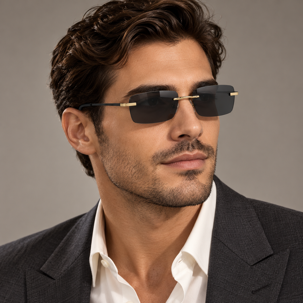 Richmond | Golden Black Rimless Rectangle Sunglass