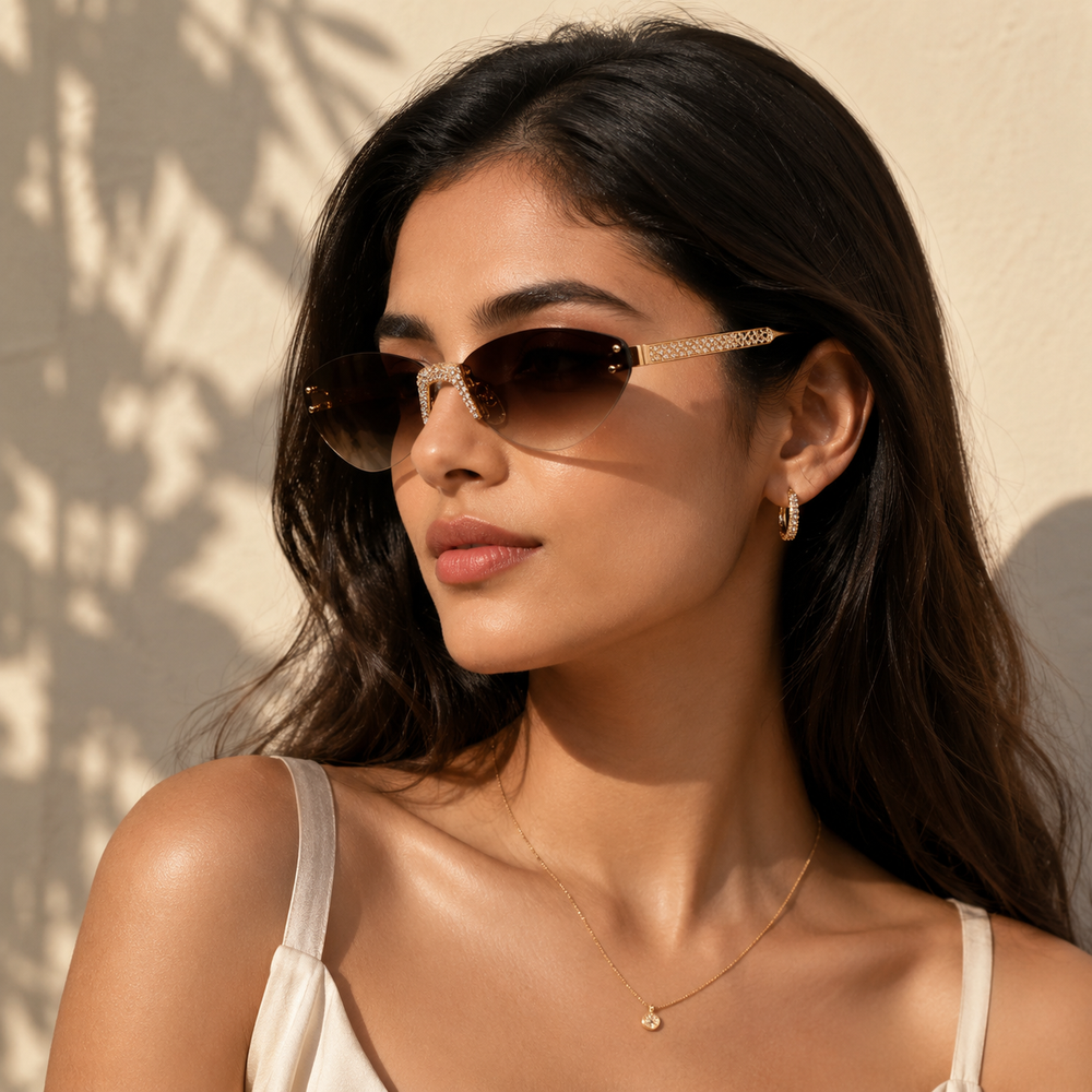 Rose Diamond Brown Rimless Cateye Sunglass