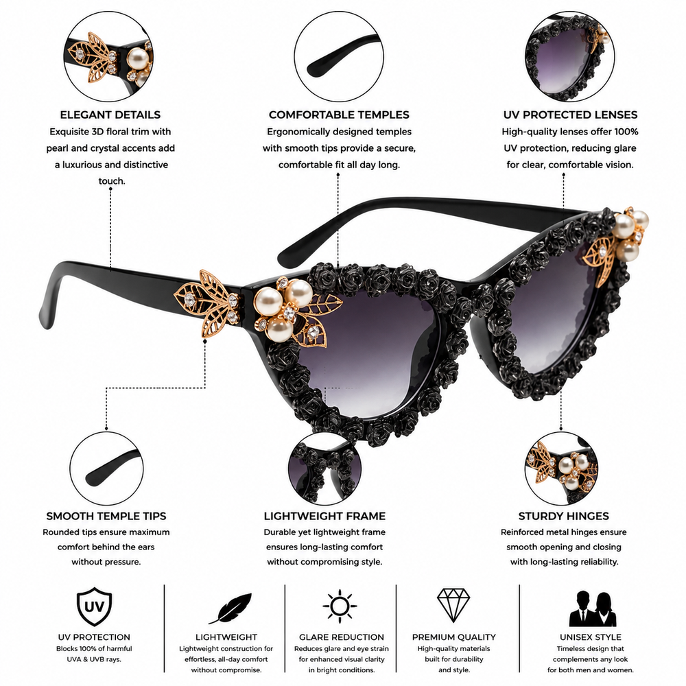 Enchanted Rose Cat‑Eye Black Sunglass