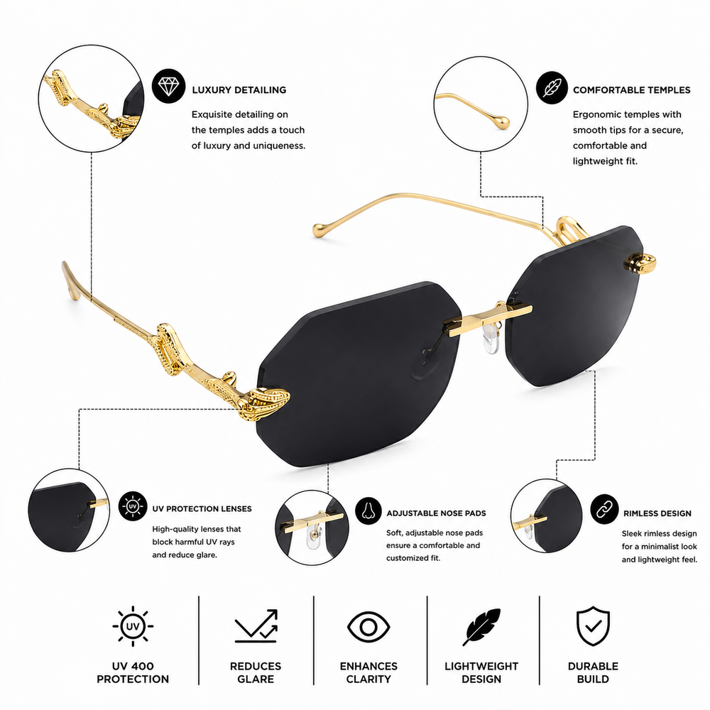 Venice Golden Black Rimless Wayfarer Sunglass