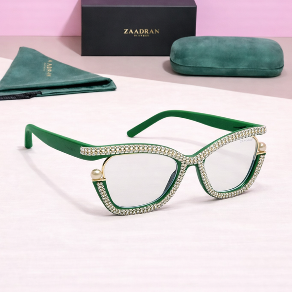 Diamond Cateyes | Green Fancy White Crystals Wayfarer Transparent Sunglass