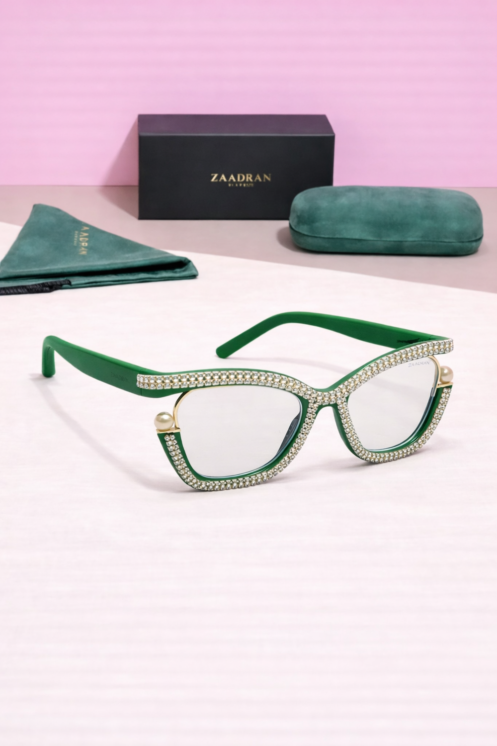 Diamond Cateyes | Green Fancy White Crystals Wayfarer Transparent Sunglass