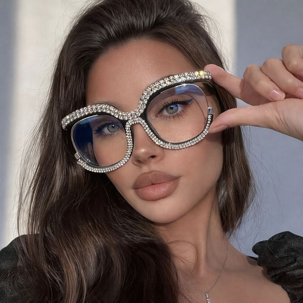 Diamond Cateyes | Black Fancy White Crystals Wayfarer Transparent Sunglass