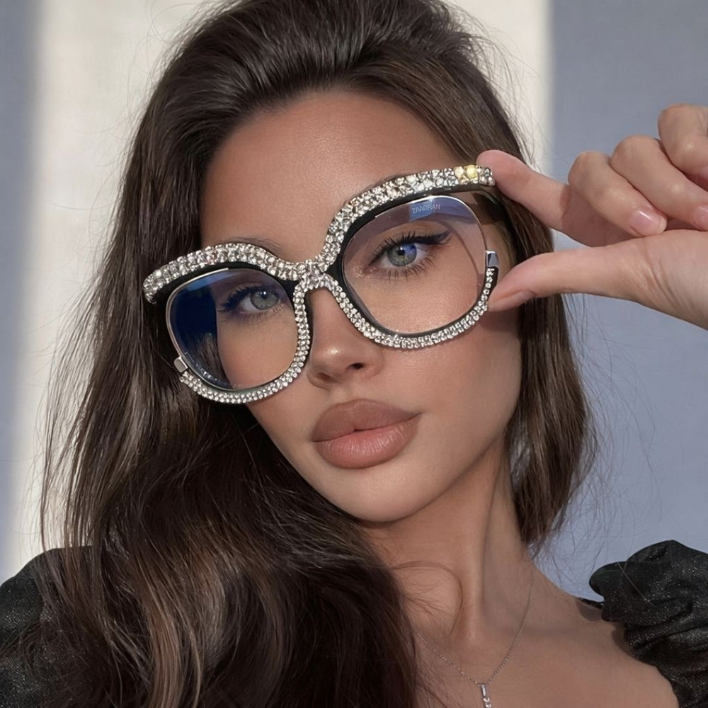 Diamond Cateyes | Black Fancy White Crystals Wayfarer Transparent Sunglass