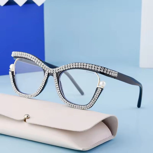 Diamond Cateyes | Black Fancy White Crystals Wayfarer Transparent Sunglass