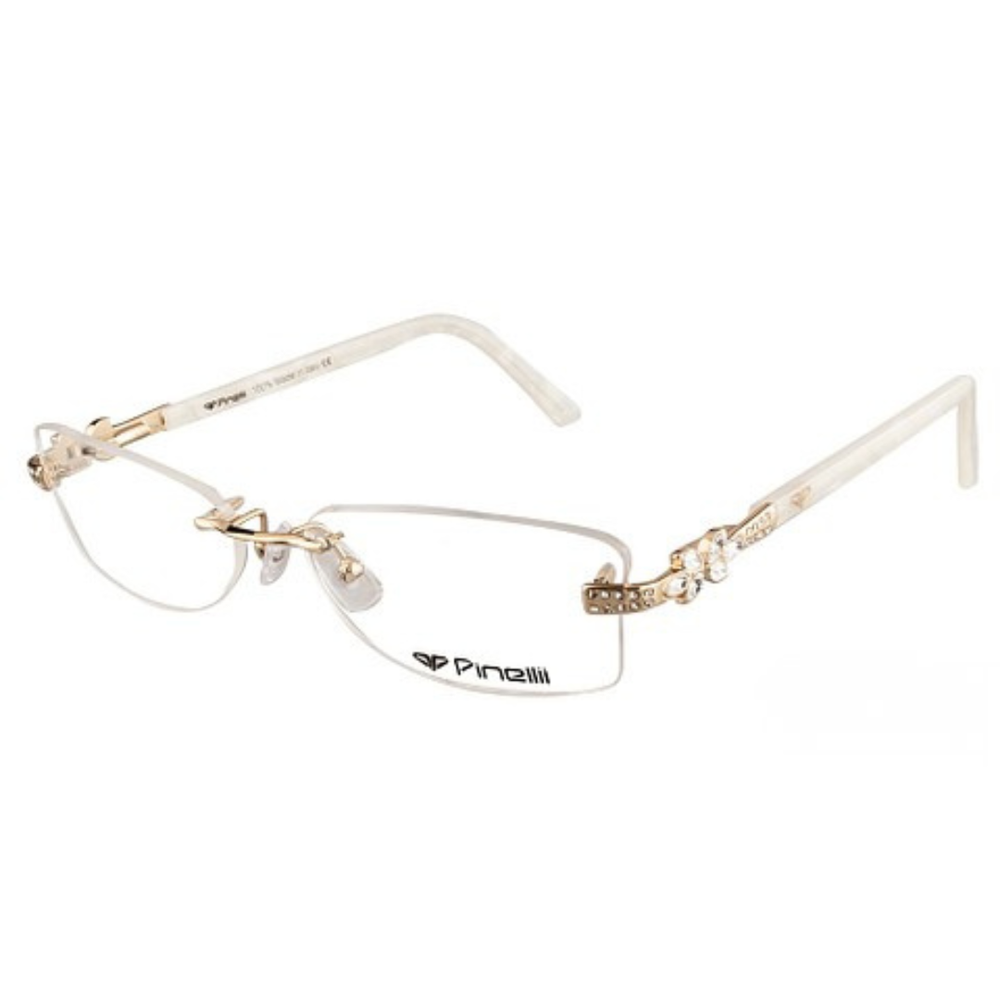 Cream Golden Flower Shaped Diamond Transparent Rimless Rectangle Eyewear | Pinelli Edition